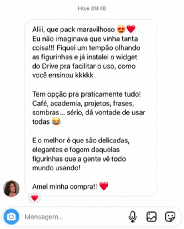 Mensagem de cliente dizendo que o pack é maravilhoso e que as figurinhas são delicadas e elegantes